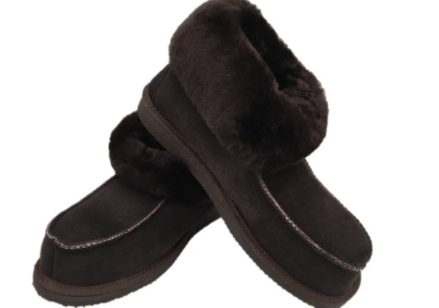 Lammfell Leder Hüttenschuhe Mokassin Hausschuhe Pantoffeln Fell braun Gr. 42-47