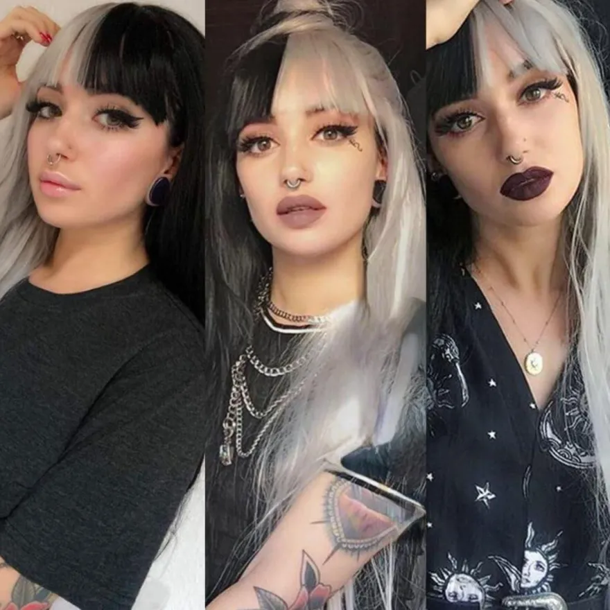 Lange Halb Grau Halb Schwarz Perücke für Damen - Gerade Goth Haar Perücke mit