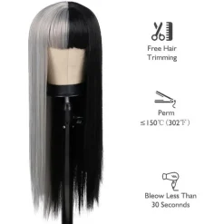 Lange Halb Grau Halb Schwarz Perücke für Damen - Gerade Goth Haar Perücke mit