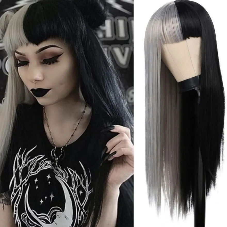 Lange Halb Grau Halb Schwarz Perücke für Damen - Gerade Goth Haar Perücke mit