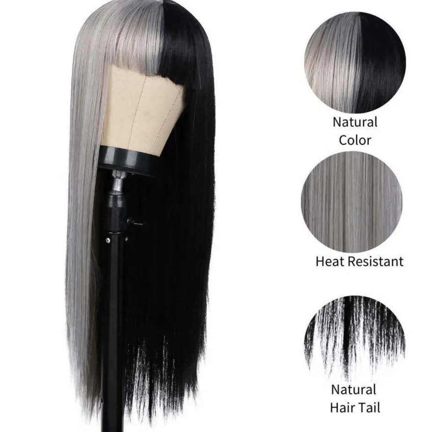 Lange Halb Grau Halb Schwarz Perücke für Damen - Gerade Goth Haar Perücke mit