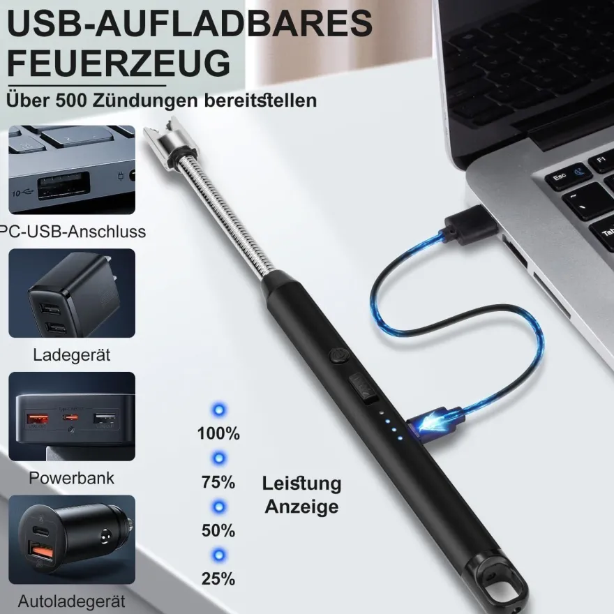 LcFun Stabfeuerzeug USB Elektrisch Lichtbogen Winddicht Camping Feuerwerk