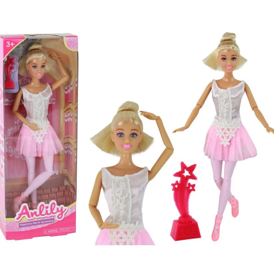 LeanToys Anlily Kinderpuppe Ballerina Tänzerin mit Dutt in rosa Kleid und Statuette