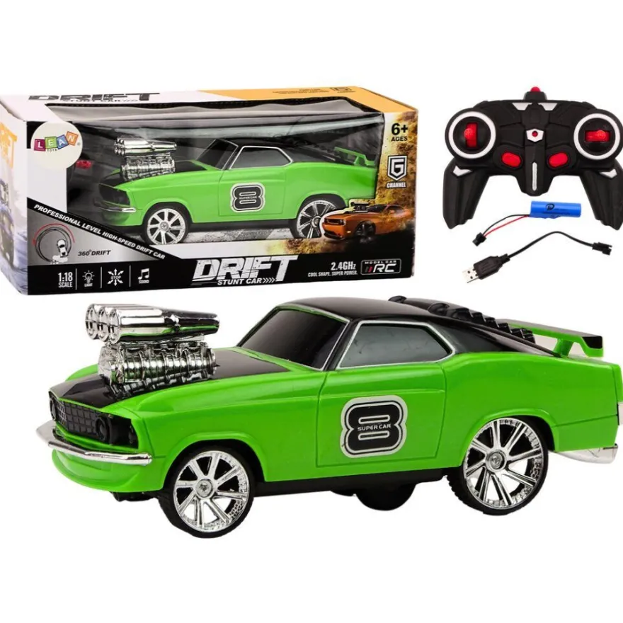 LeanToys Ferngesteuertes Drift-Auto 1:18 mit 360 Grad Drehung, Licht und Sound, Grün