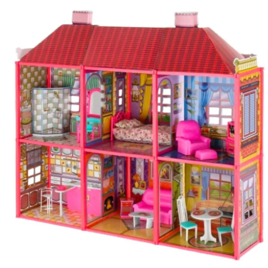 Leantoys Puppenhaus - Große Villa mit Möbeln + E PUPPE