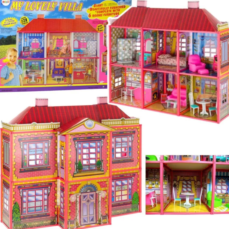 Leantoys Puppenhaus - Große Villa mit Möbeln + E PUPPE
