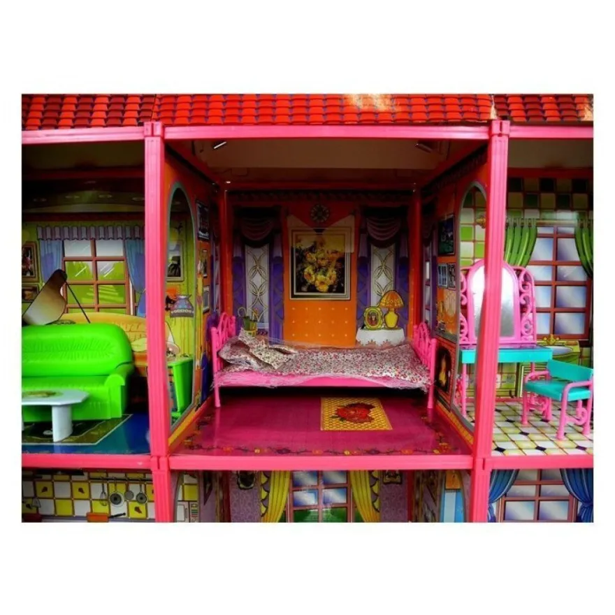 Leantoys Puppenhaus - Große Villa mit Möbeln + E PUPPE