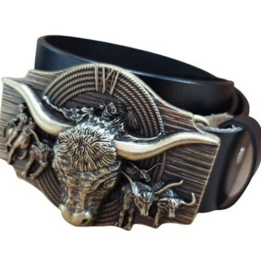 Ledergürtel Wechselgürtel Gürtel mit Wild West Gürtelschnalle Longhorn Buckle