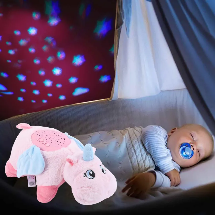 LED Lampe Kuscheltier Einschlafhilfe Einhorn Nachtlicht mit Sternenhimmel und Musik