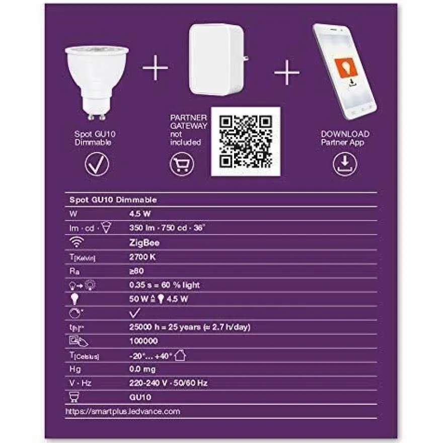 Ledvance Smart+ LED ZigBee GU10 Spot dimmbar warmweiß EEK: G (Spektrum A bis G)