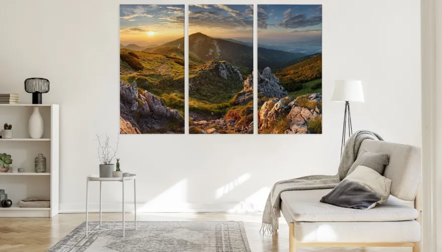 Leinwand Bilder SET 3-Teilig Sonnenuntergang Berge Gebirge Land 4515