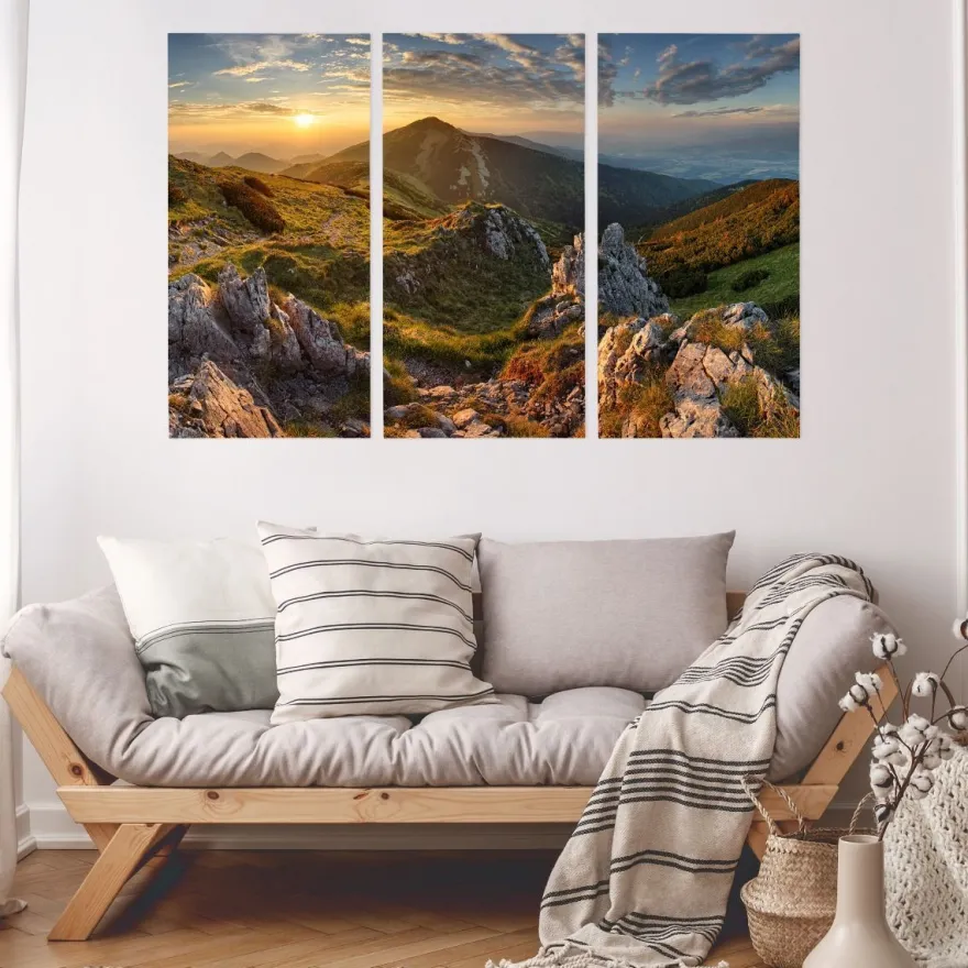 Leinwand Bilder SET 3-Teilig Sonnenuntergang Berge Gebirge Land 4515