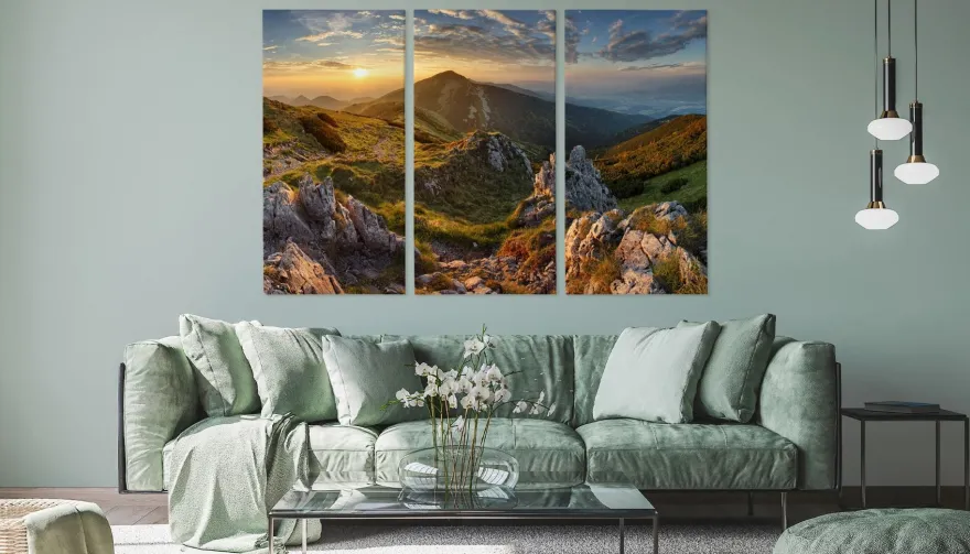 Leinwand Bilder SET 3-Teilig Sonnenuntergang Berge Gebirge Land 4515
