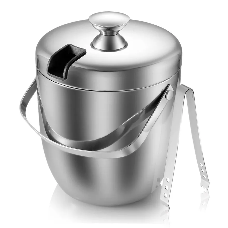 3L Eiseimer 304 Edelstahl mit Abtropfgitter Eiszange, Eiswürfelbehälter Eiskühler