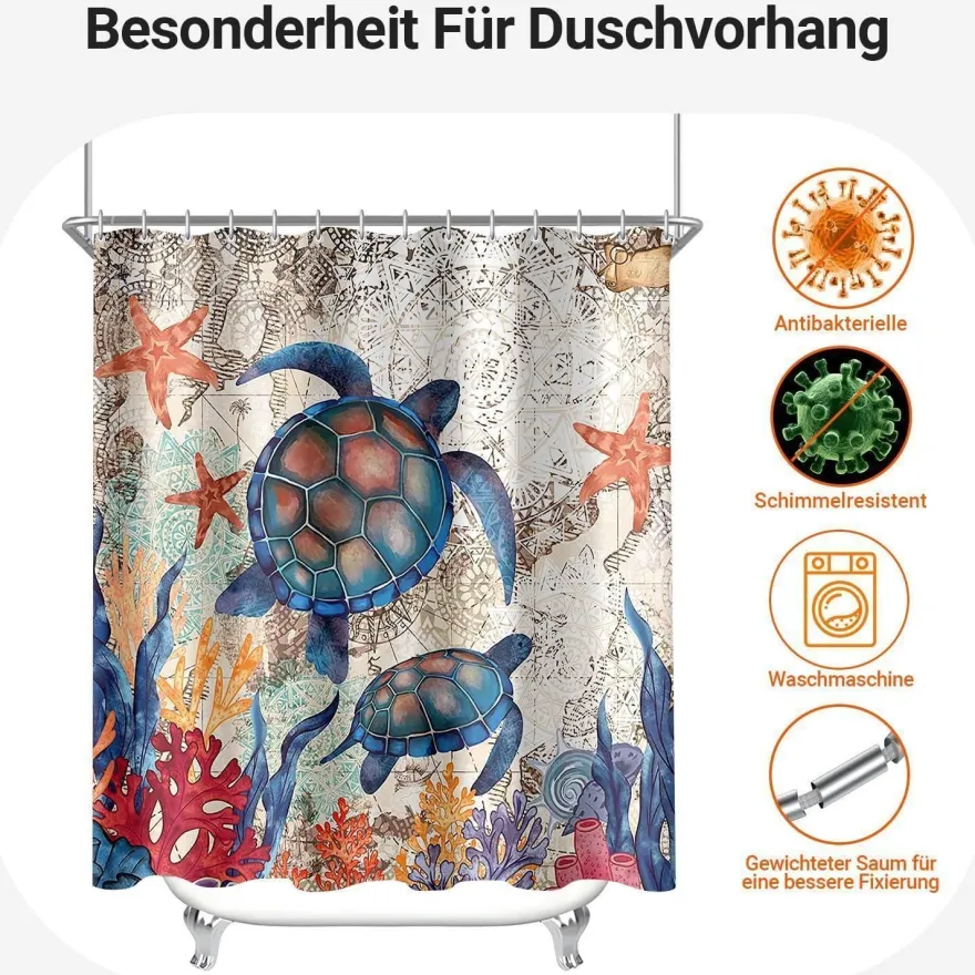 Lerores Duschvorhang 180x200cm Schildkröte Seesterne - Wasserabweisend