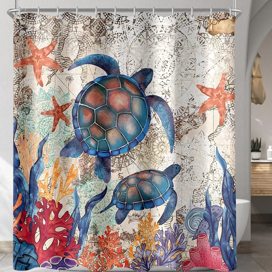 Lerores Duschvorhang 180x200cm Schildkröte Seesterne - Wasserabweisend