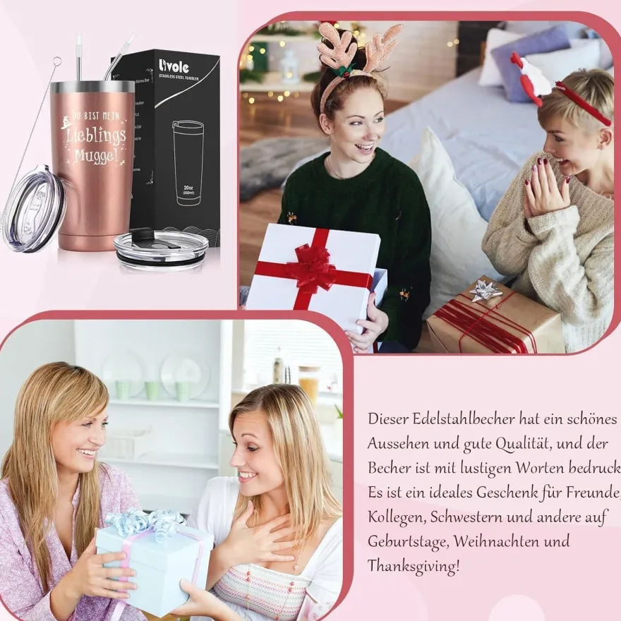 Livole Isolierter Camping Becher 20oz (600ml) - Roségold - Geschenk für Frauen