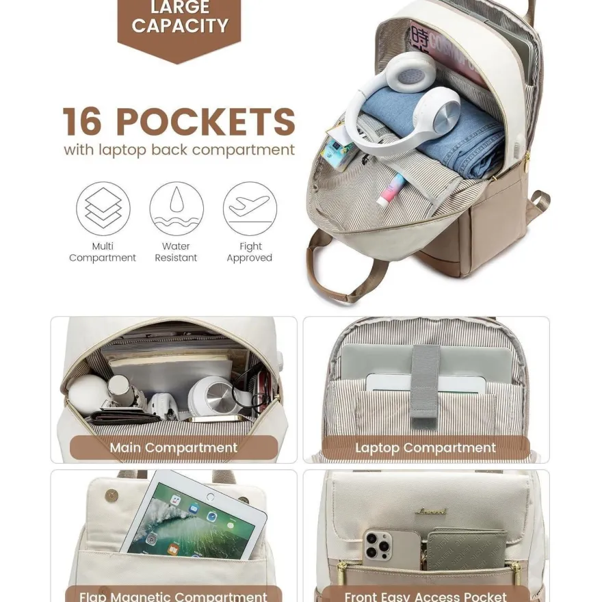 Lovevook Rucksack Damen 15,6 Zoll Laptopfach & USB Ladeanschluss, Wasserdicht