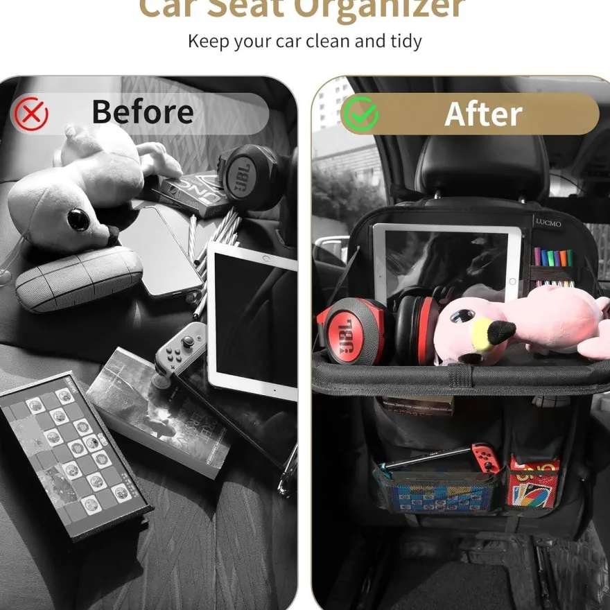 LUCMO 2er Set Auto Rückenlehnenschutz mit faltbarem Tablett, Organizer für