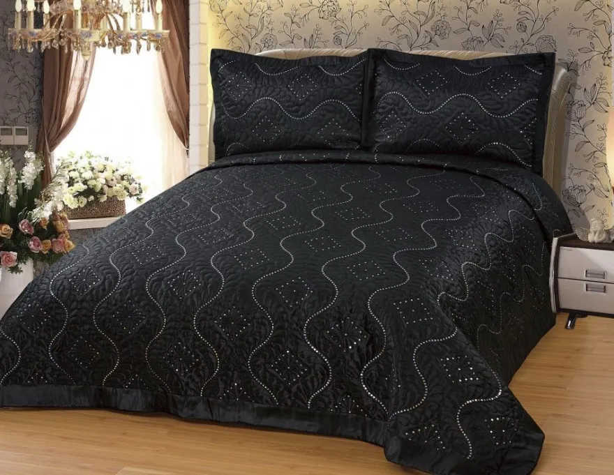 Luxuriöser Bettüberwurf Handarbeit, Satin Tagesdecke, schwarz
