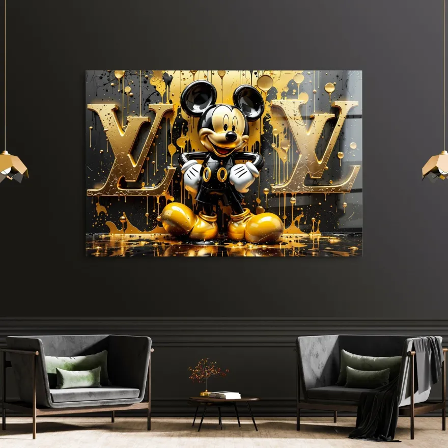 Luxusmodemarke LV, Goldene Micky Maus, Wandbild Kunst Bild, Leinwand, Acrylglas Art B