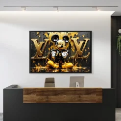 Luxusmodemarke LV, Goldene Micky Maus, Wandbild Kunst Bild, Leinwand, Acrylglas Art B