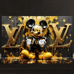 Luxusmodemarke LV, Goldene Micky Maus, Wandbild Kunst Bild, Leinwand, Acrylglas Art B