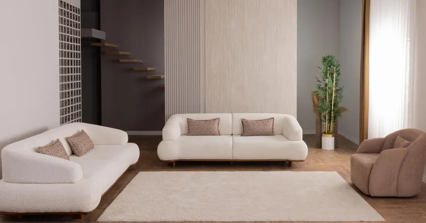 Luxus Sofa Set 2x 3-Sitzer Sofa Sessel Modern Design Bouclé Cremeweiß Braun