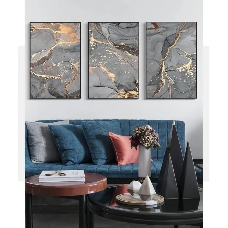 LYBOHO Wandbilder Grau Golden Fluid Art Marmor Textur Abstrakte Wandkunst