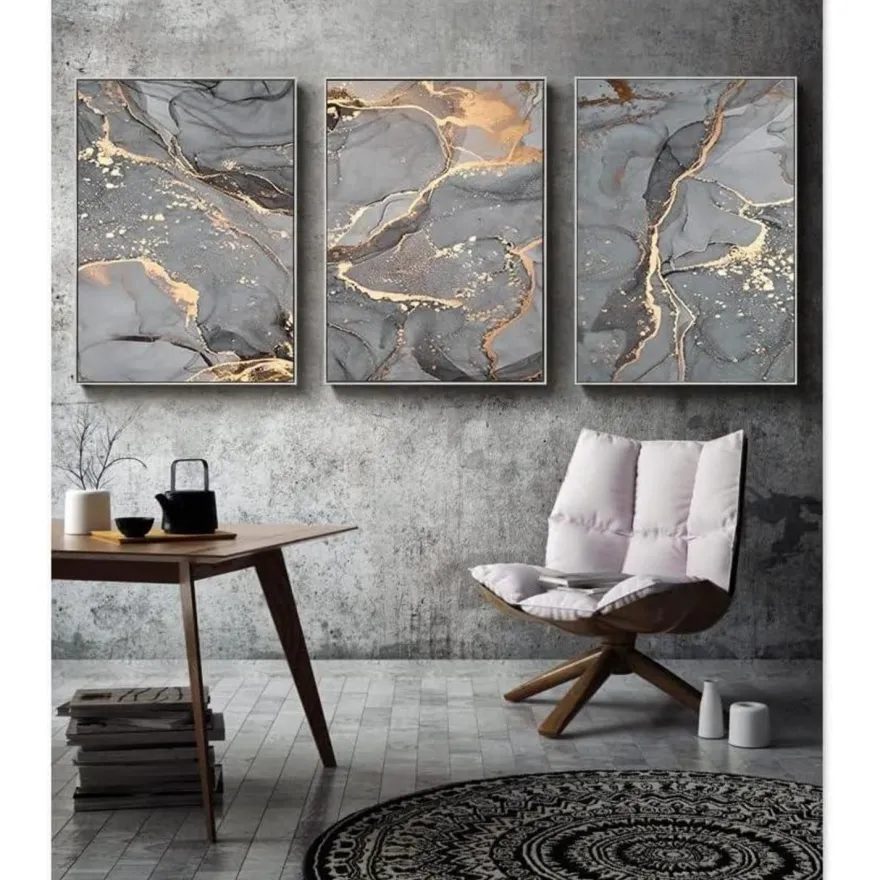 LYBOHO Wandbilder Grau Golden Fluid Art Marmor Textur Abstrakte Wandkunst