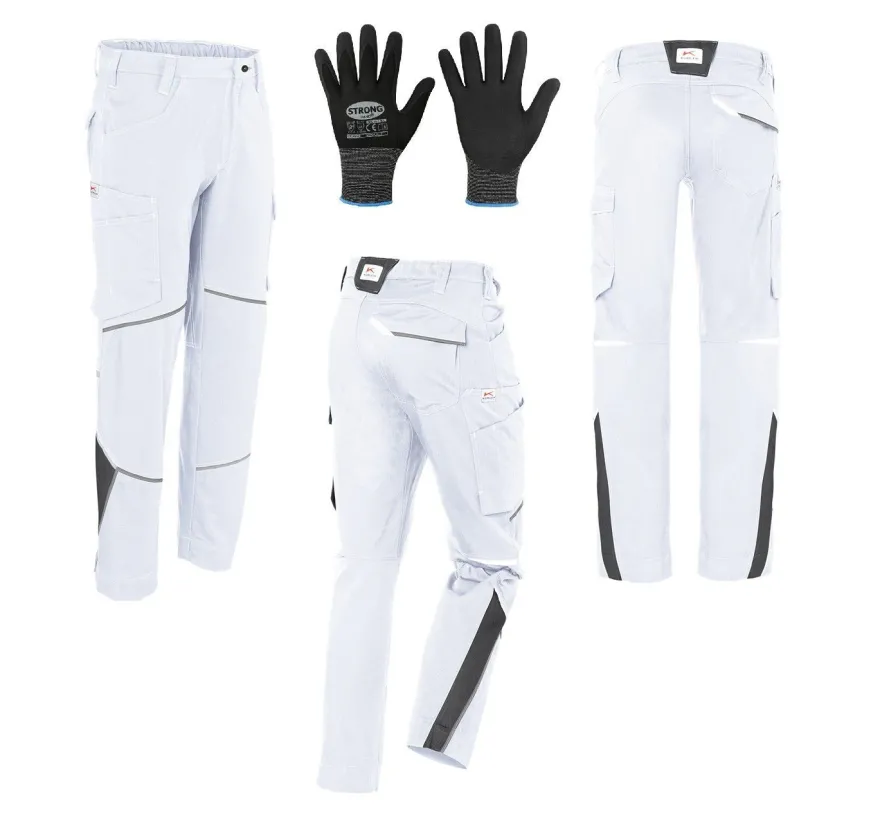 Malerhose Arbeitshose Hose Arbeitsbundhose weiß-grau IQONIC + Arbeitshandschuhe