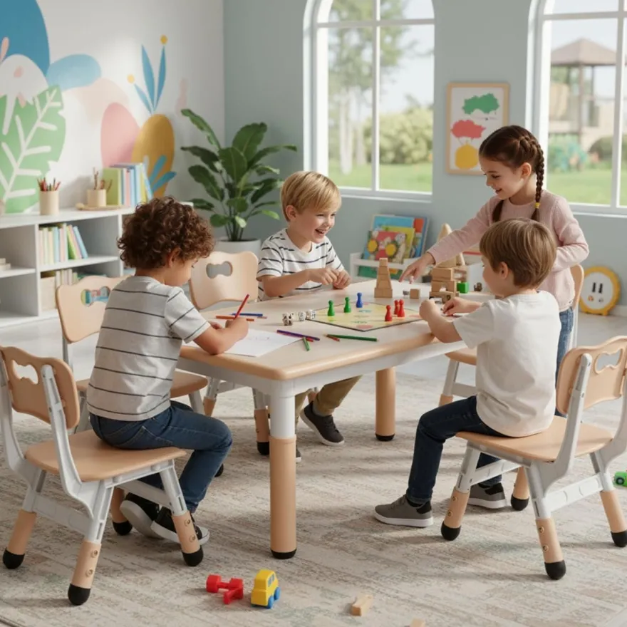 MAMIZO Kindertisch mit 4 Stühlen, höhenverstellbar, für Kinderzimmer, Gelb