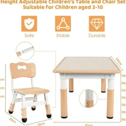 MAMIZO Kindertisch mit 4 Stühlen, höhenverstellbar, für Kinderzimmer, Gelb
