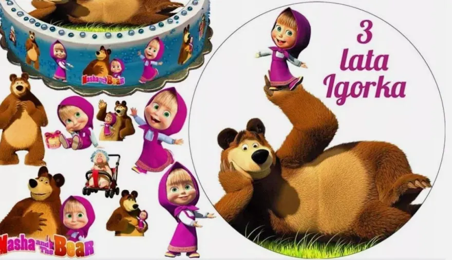 Masha and the Bear Essbar Zuckermasse Tortenbild Tortenaufleger + 4 Muffin