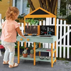 Matschküche Kinder Outdoor, Kinderküche Holz mit Pflanzbehölter & 2 Kreidetafeln