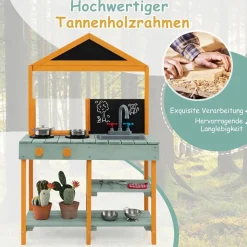 Matschküche Kinder Outdoor, Kinderküche Holz mit Pflanzbehölter & 2 Kreidetafeln