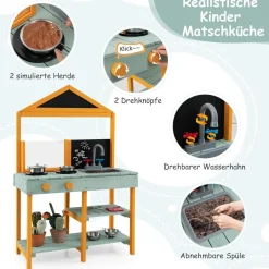 Matschküche Kinder Outdoor, Kinderküche Holz mit Pflanzbehölter & 2 Kreidetafeln