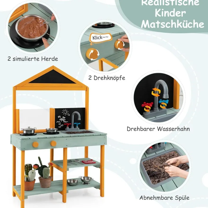 Matschküche Kinder Outdoor, Kinderküche Holz mit Pflanzbehölter & 2 Kreidetafeln