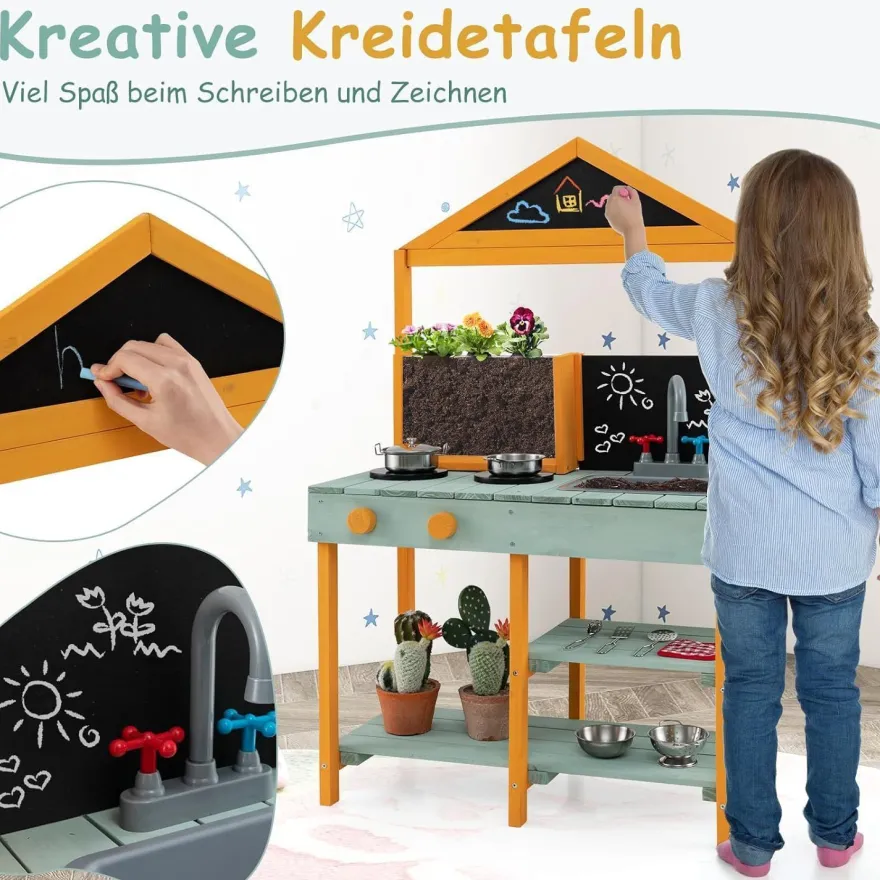 Matschküche Kinder Outdoor, Kinderküche Holz mit Pflanzbehölter & 2 Kreidetafeln