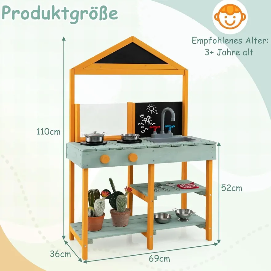 Matschküche Kinder Outdoor, Kinderküche Holz mit Pflanzbehölter & 2 Kreidetafeln