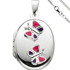 Medaillon Schmetterling Anhänger für 2 Fotos oval 925 Silber mit Kette 42 cm