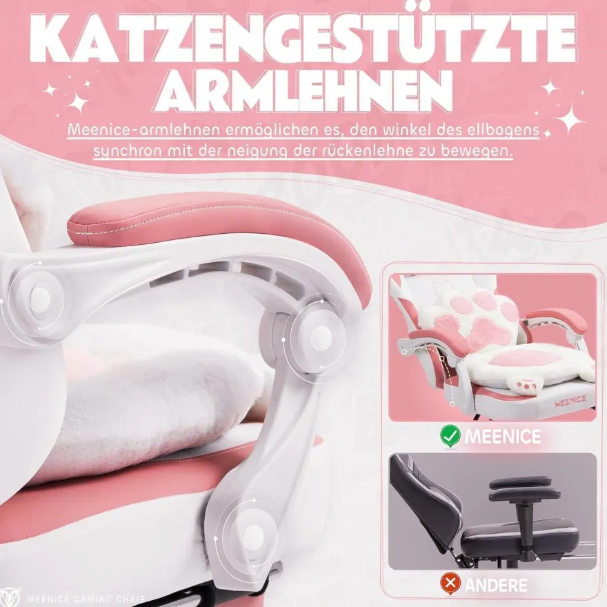 Meenice Pink Cute Katzen Gaming Stuhl mit Fußstütze, Ergonomischer PC Stuhl für