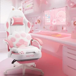 Meenice Pink Cute Katzen Gaming Stuhl mit Fußstütze, Ergonomischer PC Stuhl für