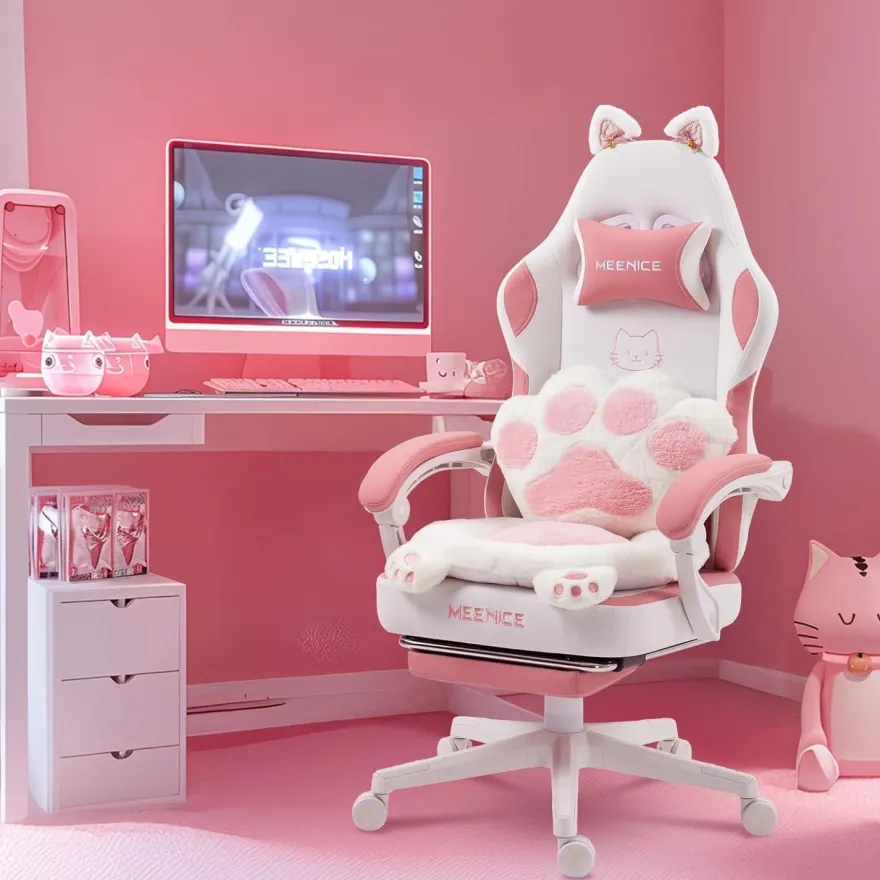 Meenice Pink Cute Katzen Gaming Stuhl mit Fußstütze, Ergonomischer PC Stuhl für