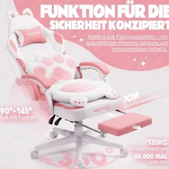 Meenice Pink Cute Katzen Gaming Stuhl mit Fußstütze, Ergonomischer PC Stuhl für