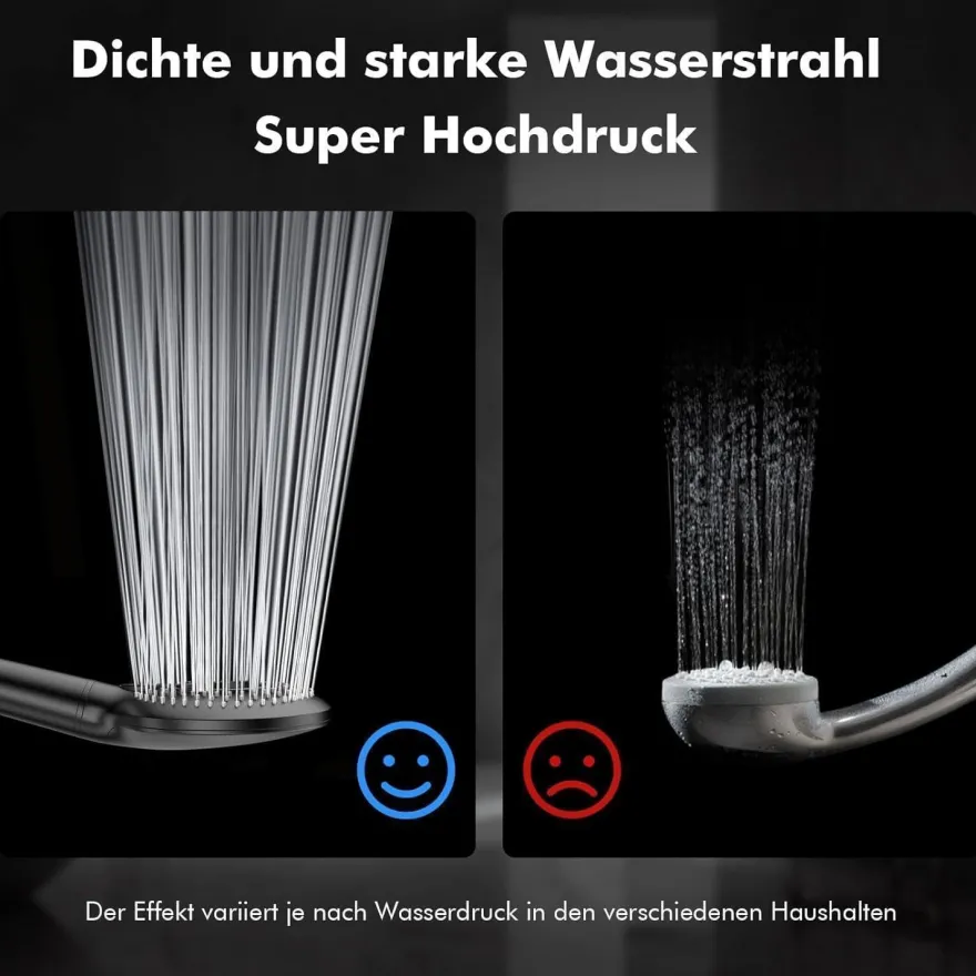 MEKO Hochdruck Duschkopf mit Filter 3 Strahlarten Schwarz