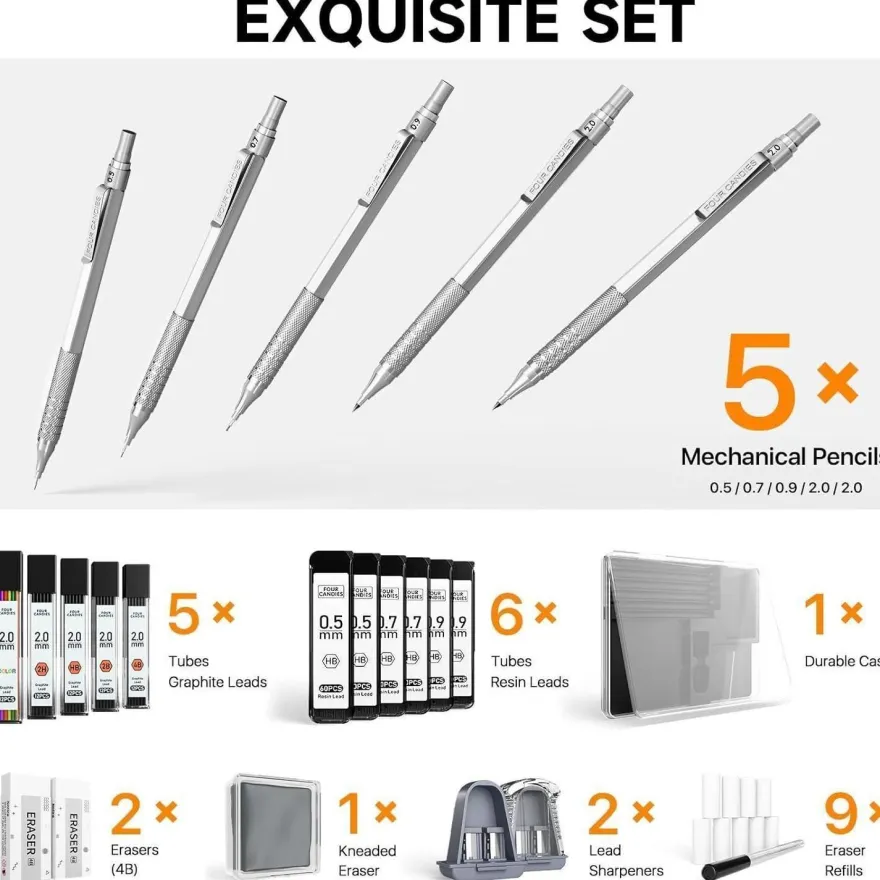Metall-Druckbleistift-Set Kunst-Minen 0,5, 0,7, 0,9 mm & 2 mm Metallbleistifte