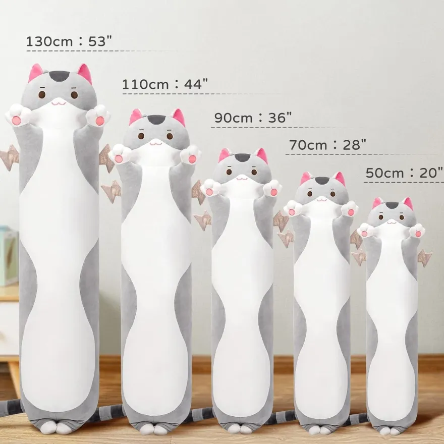 Mewaii 130CM Kawaii Katzen Plüschtier Kissen Grau - Kuscheliges Stofftier für