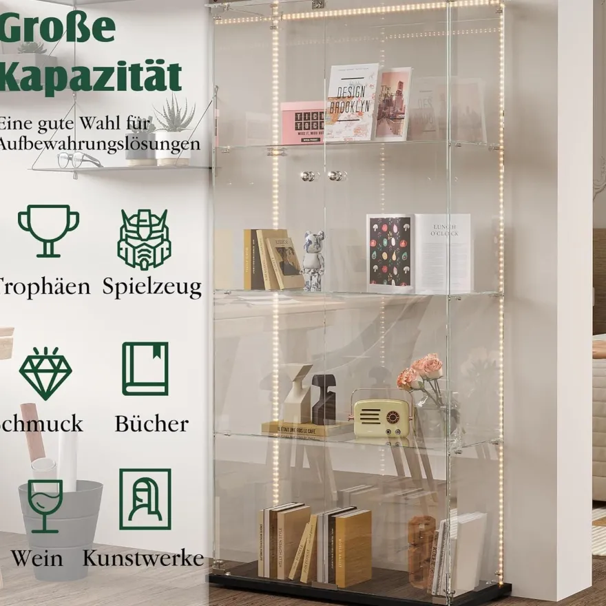 MGMYM Glasvitrine Standvitrine mit abschließbarer Tür, 4 Lagen