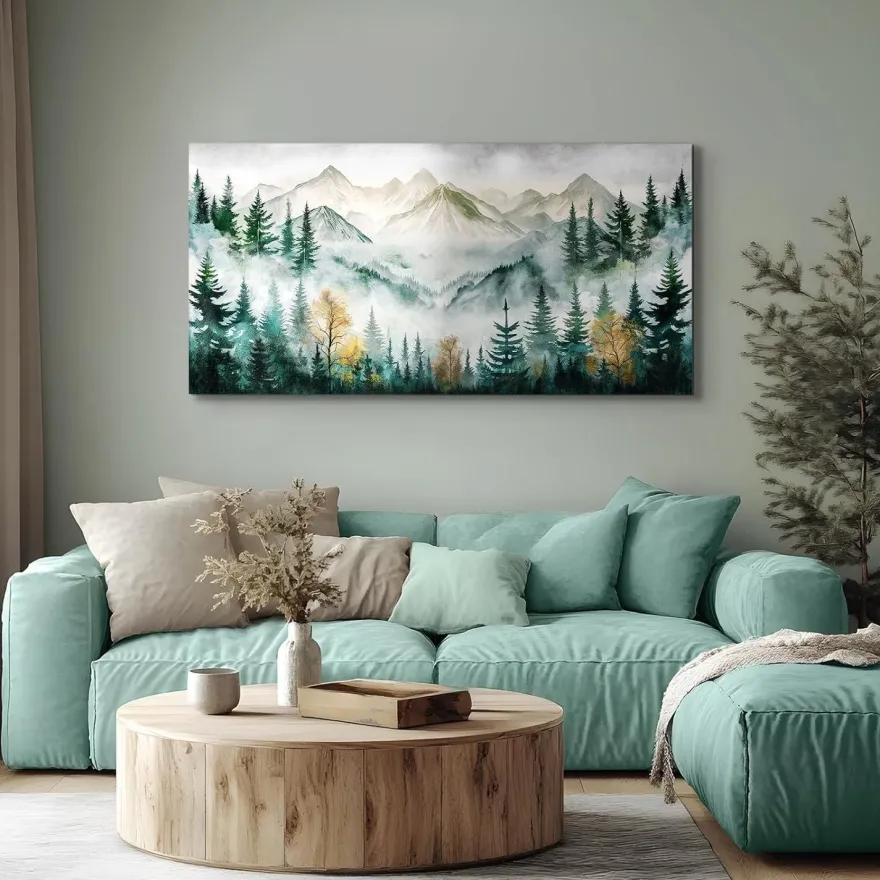 MHARTK66 Grüne Berge Leinwandbild 50x100 cm - Modernes Wandbild für Wohnzimmer